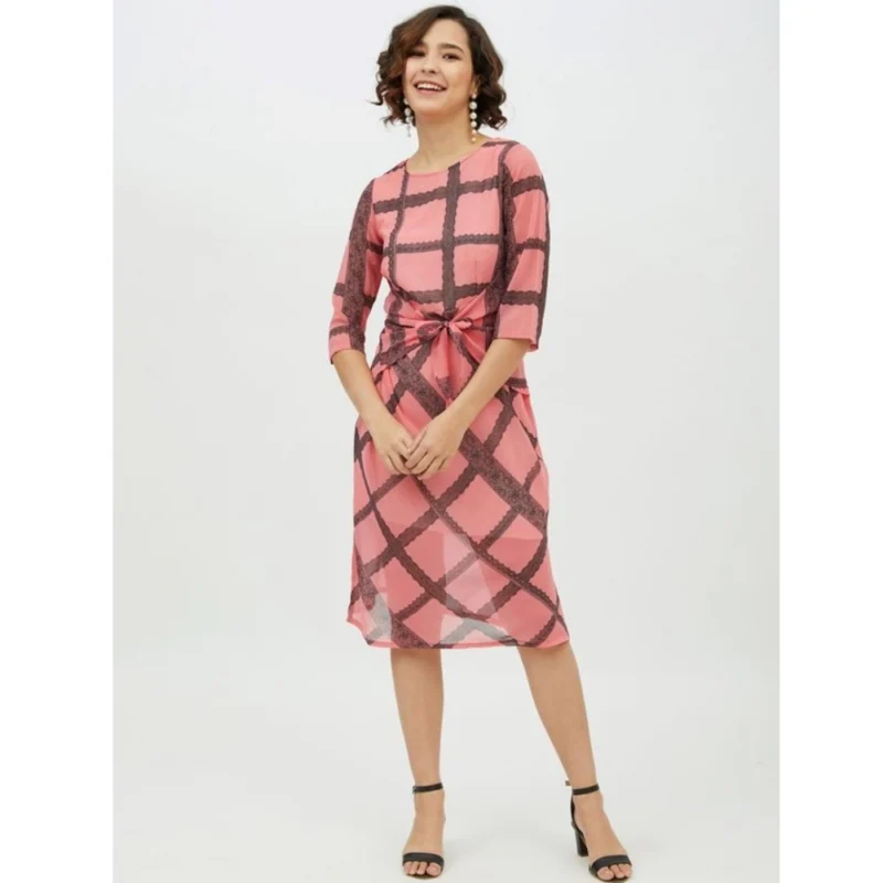 54039443238_0f5bd7cc1c_o_d-1000x1000-1.webp Generic Women's Polyester Checkered 3-4th Sleeves Below Knee Dress (Pink)