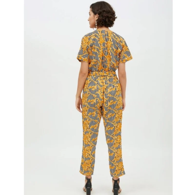 Generic Women's Polyester Printed Half Sleeve Long Jumpsuit (Yellow)