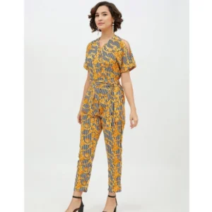 Generic Women's Polyester Printed Half Sleeve Long Jumpsuit (Yellow)