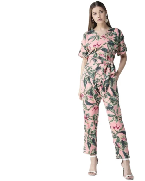 Generic Women's Polyester Floral Half Sleeve Jumpsuit (Pink)