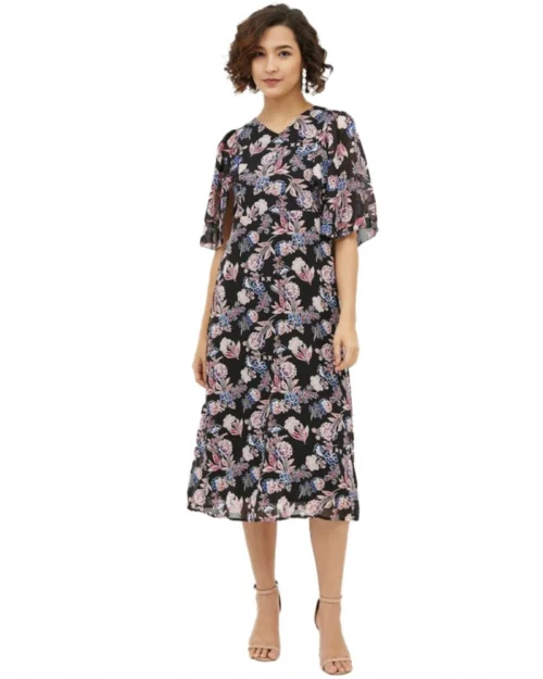 Generic Women's Polyester Chain Print Cap Sleeve Calf-length Dress (Multicolor)