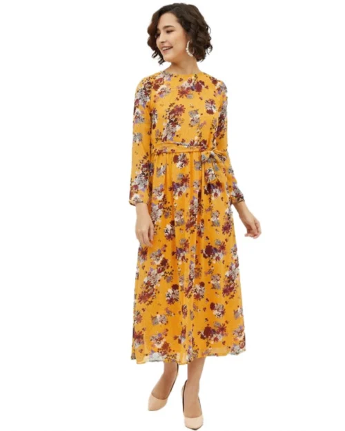 Generic Women's Polyester Floral Long Sleeves Calf-length Dress (Multicolor)