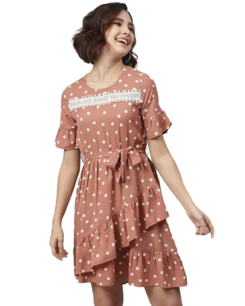 Generic Women's Polyester Polka Bell Sleeve Above Knee Dress (Brown)