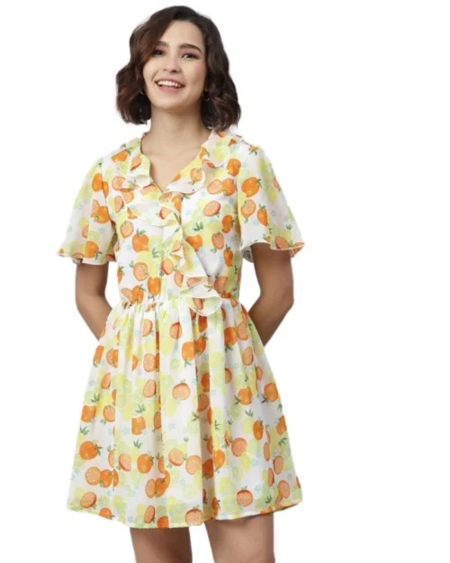 Generic Women's Polyester Printed Flutter Above Knee Dress (Yellow - Orange)