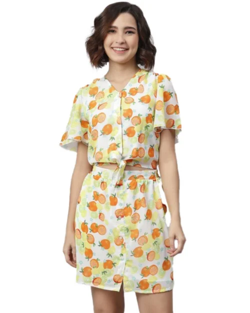 Generic Women's Polyester Printed Flutter Above Knee Dress (Orange - Yellow)