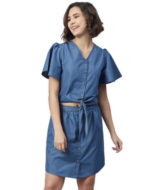 Generic Women's Denim Solid Flutter Above Knee Dress (Blue)