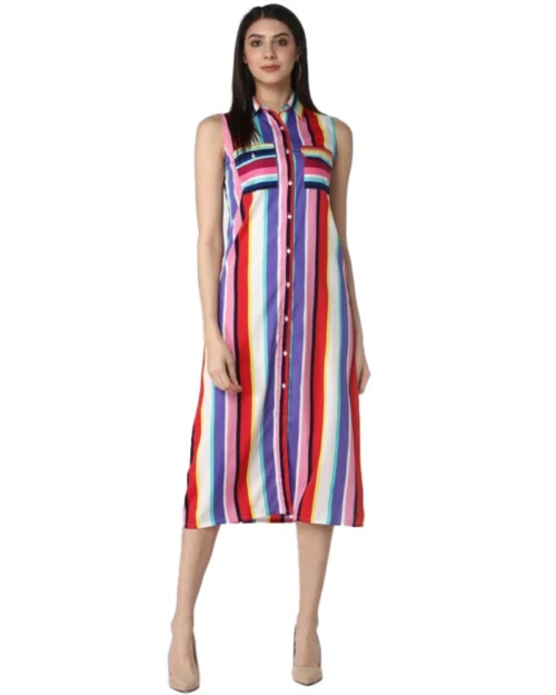 Generic Women's Polyester Striped Sleeveless Calf-length Dress (Multicolor)