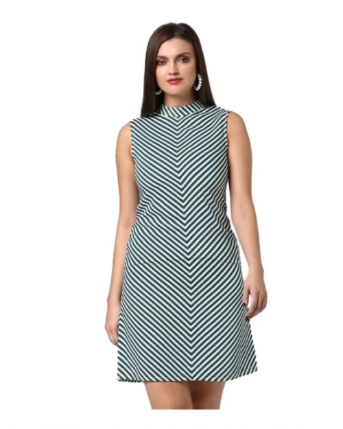 Generic Women's Polyester Striped Sleeveless Above Knee Dress (Green)