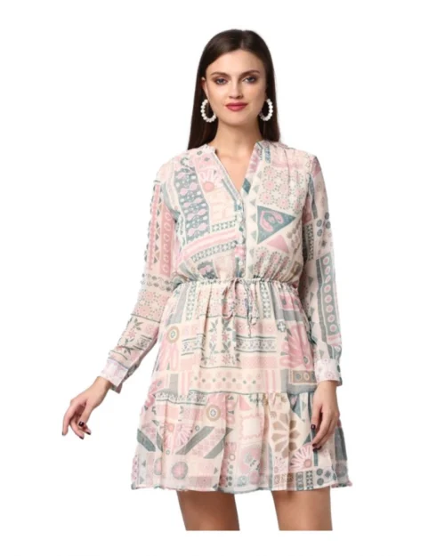 Generic Women's Polyester Printed Long Sleeves Above Knee Dress (Light Pink - Off White)
