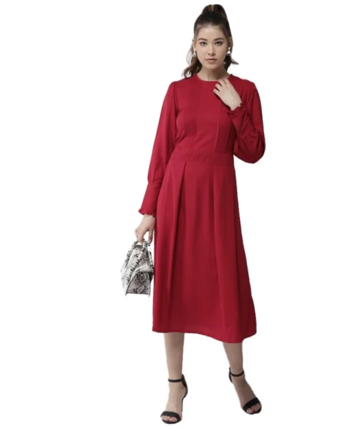 Generic Women's Polyester Pintuck Long Sleeves Below Knee Dress (Red)