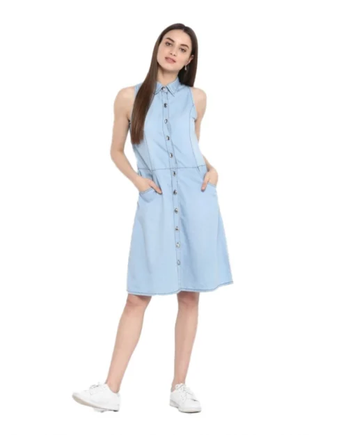 Generic Women's Denim Solid Sleeveless Below Knee Dress (Blue)