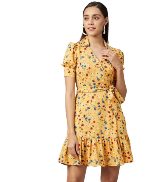 Generic Women's Polyester Floral Short Sleeve Above Knee Dress (Yellow)