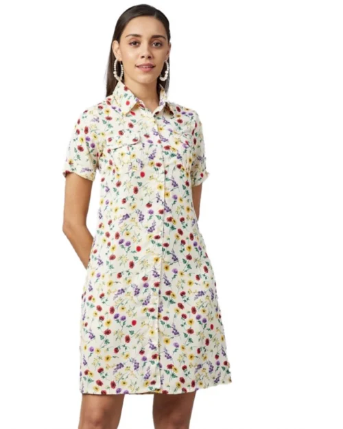 Generic Women's Polyester Floral Short Sleeve Above Knee Dress (Multicolor)