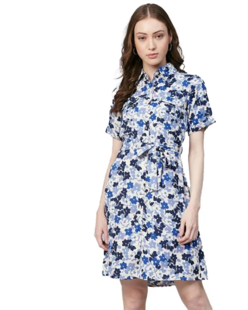 Generic Women's Polyester Floral Short Sleeve Above Knee Dress (Blue - White)