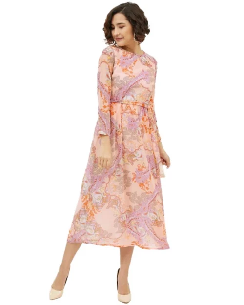 Generic Women's Polyester Printed Long Sleeves Calf-length Dress (Multicolor)