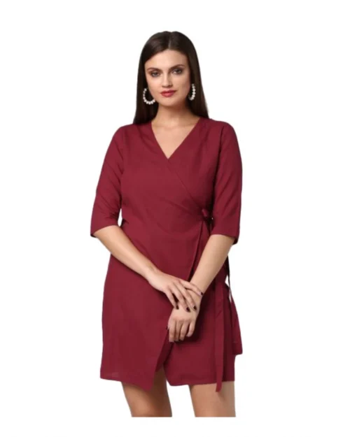 Generic Women's Cotton Solid 3-4th Sleeves Above Knee Dress (Maroon)