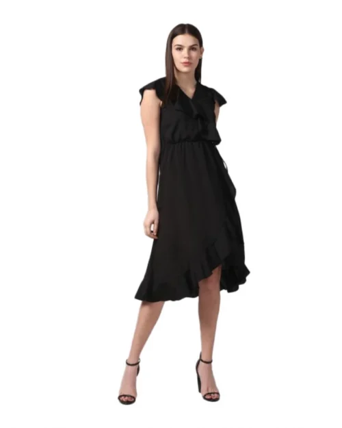 Generic Women's Polyester Ruffled Cap Sleeve Knee-Length Dress (Black)
