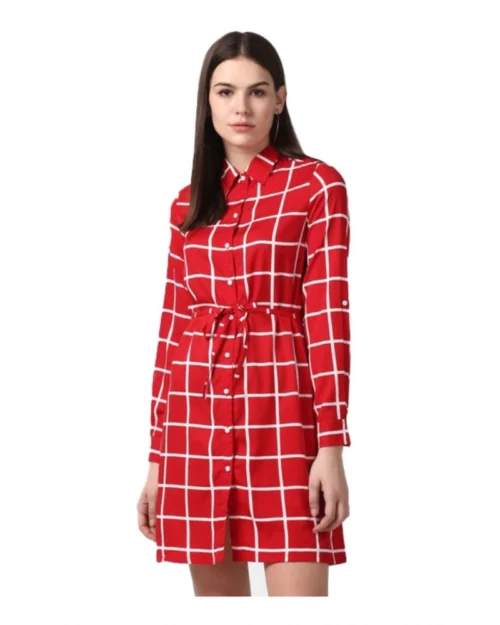 Generic Women's Polyester Checkered Long Sleeves Above Knee Dress (Red)