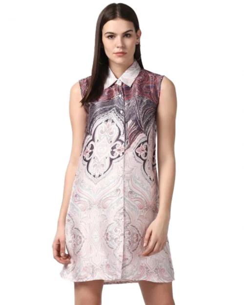 Generic Women's Polyester Printed Sleeveless Above Knee Dress (Orange)