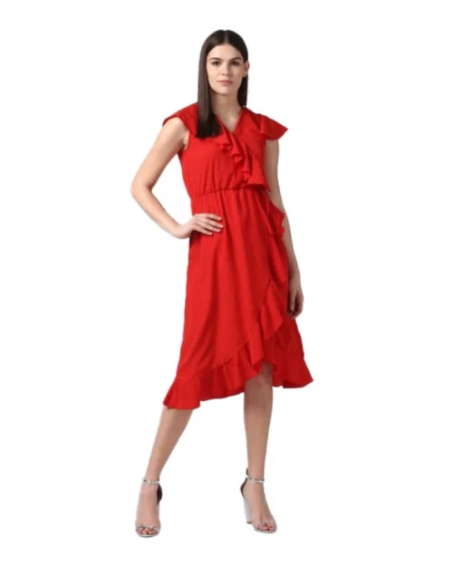 Generic Women's Polyester Ruffled Cap Sleeve Knee-Length Dress (Red)