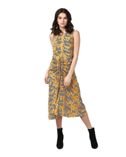 Generic Women's Polyester Chain Print Sleeveless Below Knee Dress (Yellow - Black)