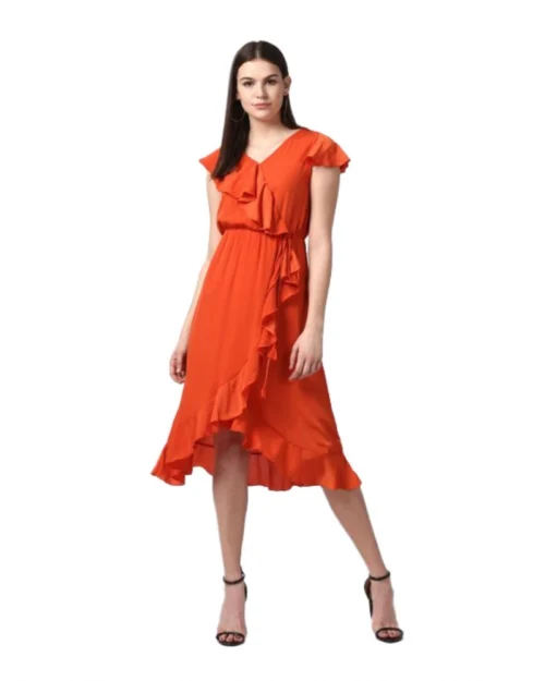 Generic Women's Polyester Ruffled Cap Sleeve Knee-Length Dress (Orange)