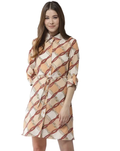 Generic Women's Polyester Printed Roll Up Sleeve Above Knee Dress (Off White - Brown)
