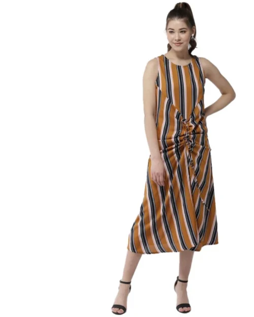 Generic Women's Polyester Striped Sleeveless Below Knee Dress (Mustard)