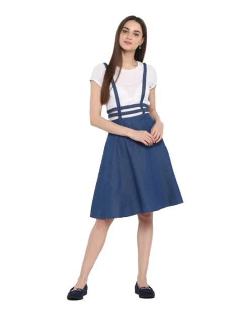 Generic Women's Denim Solid Shoulder Straps Below Knee Dress (Blue)