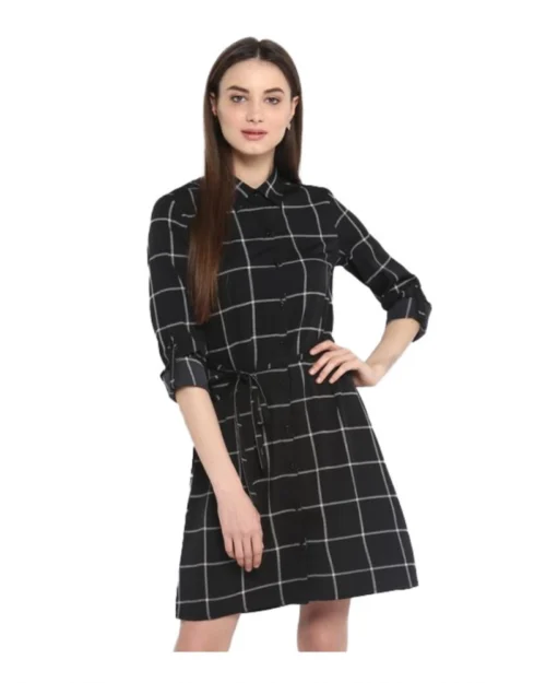 Generic Women's Polyester Checkered Roll Up Sleeve Above Knee Dress (Black - White)
