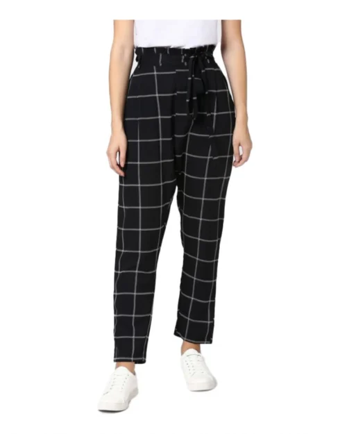 Generic Women's Polyester Checkered Elasticated Trousers (Black - White)