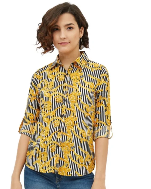 Generic Women's Polyester Printed Roll Up Sleeve Standard Length Shirt (Mustared)