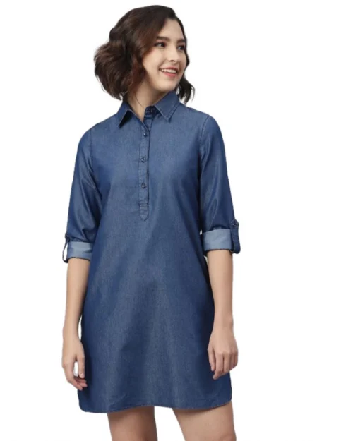 Generic Women's Denim Solid Long Sleeves Above Knee Dress (Navy Blue)