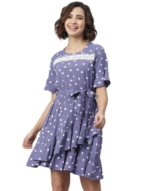 Generic Women's Polyester Polka Bell Sleeve Above Knee Dress (Lavender)