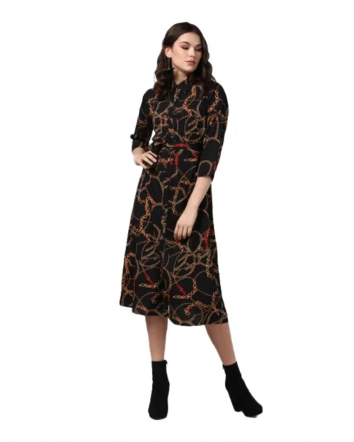 Generic Women's Polyester Chain Print Roll Up Sleeve Below Knee Dress (Black - Yellow)