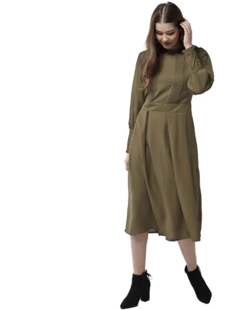 Generic Women's Polyester Pintuck Long Sleeves Below Knee Dress (Olive)