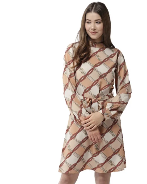 Generic Women's Polyester Checkered Long Sleeves Above Knee Dress (Off White - Brown)