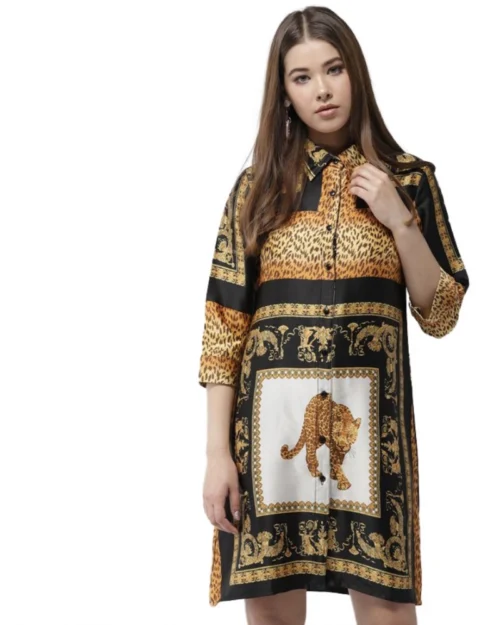 Generic Women's Satin Animal Print 3-4th Sleeves Above Knee Dress (White - Orange)