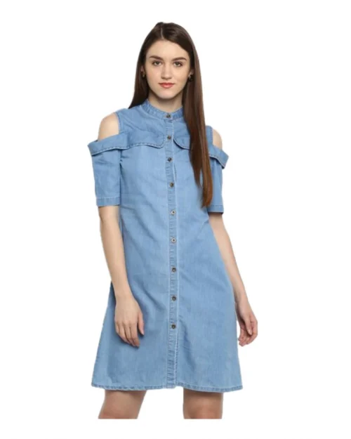 Generic Women's Denim Solid Cold Shoulder Above Knee Dress (Blue)