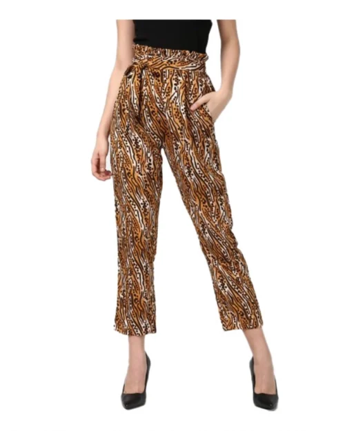 Generic Women's Polyester Animal Print Elasticated Trousers (Orange - Black)