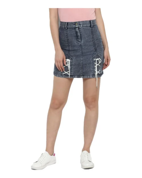 Generic Women's Denim Tie Up Buttoned Skirt (Blue)