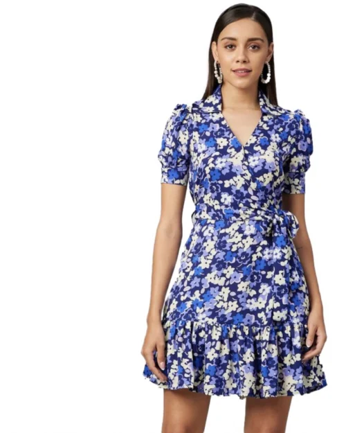 Generic Women's Polyester Floral Short Sleeve Above Knee Dress (Blue - Purple)