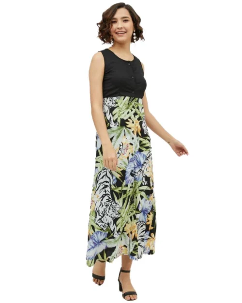 Generic Women's Rayon Floral Sleeveless Calf-length Dress (Multicolor)