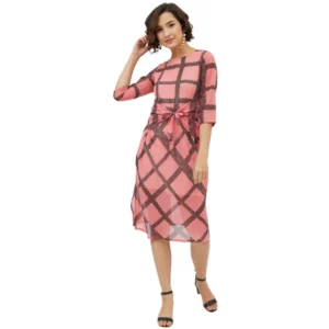 54041835999_80ae3fe376_o_d-1000x1000-1.webp Generic Women's Polyester Checkered 3-4th Sleeves Below Knee Dress (Pink)