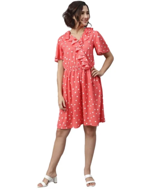 Generic Women's Polyester Polka Flutter Above Knee Dress (Coral)