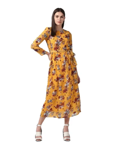 Generic Women's Polyester Floral Long Sleeves Calf-length Dress (Yellow)