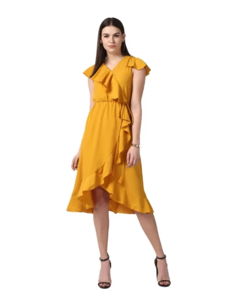 Generic Women's Polyester Ruffled Cap Sleeve Knee-Length Dress (Yellow)