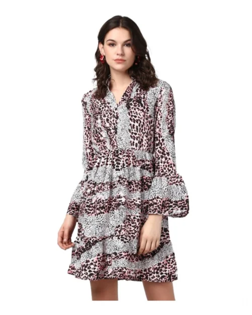 Generic Women's Polyester Animal Print Bell Sleeve Above Knee Dress (Pink - Black)