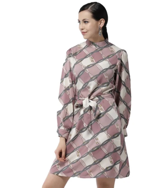 Generic Women's Polyester Checkered Long Sleeves Above Knee Dress (Off White - Lavender)