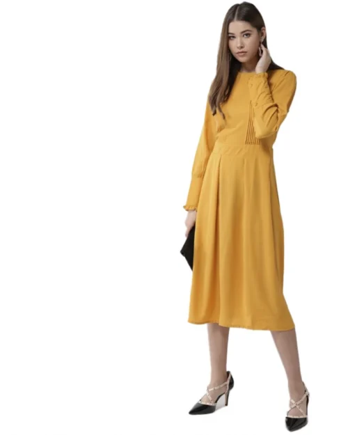 Generic Women's Polyester Pintuck Long Sleeves Below Knee Dress (Yellow)